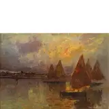 Filippo Carcano, Milano 1840 - 1914 / Vele a Chioggia al tramonto, oil on panel