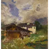 Riccardo Galli, Milano 1869 - Barzio (Co) 1944 / Cascinale sopra Lagna / Firmato 'Riccardo Galli' in basso a sinistra , Sul retro titolo e dedica dell'artista, oil on cardboard