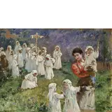 Pietro Scoppetta, Amalfi 1863 - Napoli 1920 / La processione delle orfanelle / Firmato 'P Scoppetta' in basso a sinistra, tempera on cardboard