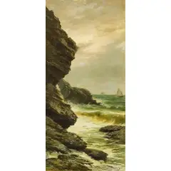 Giacinto Bo, Montanaro C.se 1832 - Torino 1912 / Scogliera con velieri sullo sfondo / Firmato 'Bo' in basso destra, oil on cardboard