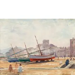 Torino 1880 - 1973 / Veduta della spiaggia di Sestri Levante / Firmato in basso a destra by Luigi Calderini, oil on cardboard, offered May 2017