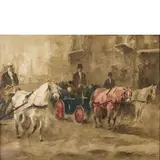 Paolo Sala, Milano 1859 - 1924 / Scorcio cittadino con carrozze / Firmato 'P Sala' in basso a destra