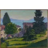 Venezia 1885 - Ghiffa (No) 1976 / Lago dal giardino, 1953 by Leonardo Dudreville, oil on panel, offered Nov 2017