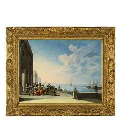 Dirck van Delen, Veduta marina di fantasia con palazzo e banchetto, oil on copper
