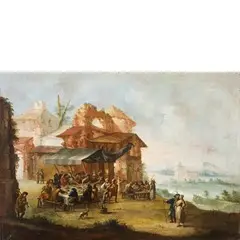 Marco Marcola, Paesaggio con rovine e banchetto, oil on canvas