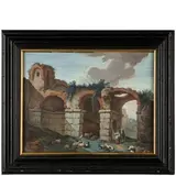 Veduta con rovine delle terme di Caracalla e pastori by Charles-Louis Clérisseau, tempera on pelle di capretto, offered Nov 2017