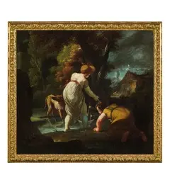 Giuseppe Maria Crespi, Paesaggio con bimbi, cane e torrente, oil on canvas