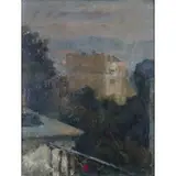 Arturo Rietti, Trieste 1863 - Padova 1943 / Veduta di castello dal balcone, oil on panel