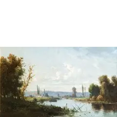 Eugenio Amus, Brescia 1834 - Bordeaux (Francia) 1899 / Fiume con barca nella regione di Bordeaux / Firmato 'E. Villard' 1877 in basso a sinistra, oil on canvas