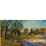 Leonardo Bistolfi, Casale M.to (Al) 1859 - La Loggia (To) 1933 / Paesaggio fluviale, oil on panel