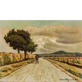 Livorno 1881 - 1967 / Paesaggio con viandante / Firmato 'Gino Romiti' e datato 64 in basso a destra by Gino Romiti, oil on cardboard, offered Nov 2017