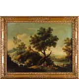 Giuseppe Zais, Paesaggio con lago, ponticello, figure e armenti, oil on canvas