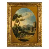 Michele Pagano, Paesaggio con casolare, torrente e lavandaie, oil on canvas