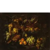 Felice Boselli, Natura morta con frutti, ortaggi e cacciagione, oil on canvas