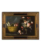 Giuseppe Pesci, Natura morta con fiori, cesto e ortaggi, oil on canvas