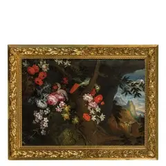 Nicola Casissa, Paesaggio con fiori e pappagallo, oil on canvas