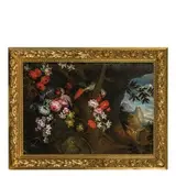 Nicola Casissa, Paesaggio con fiori e pappagallo, oil on canvas