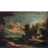 Bartolomeo Pedon, Paesaggio con case e figure, oil on canvas