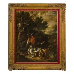 Adriaen de Gryef, Paesaggio con cacciatore, oil on canvas