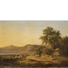 Abraham Teerlink, Contadini con animali presso il Lago di Nemi, oil on canvas