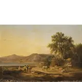 Abraham Teerlink, Contadini con animali presso il Lago di Nemi, oil on canvas
