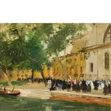 Italico Brass, Venezia, Processione a San Trovaso / Firmato 'Italico Brass' in basso a destra, oil on canvas