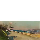 Giuseppe Casciaro, Ortelle (Le) 1863 - Napoli 1945 / Veduta del Golfo di Napoli con figure / Firmato 'G Casciaro' in basso a sinistra, mixed media on cartoncino