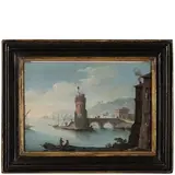 Antonio Cioci, Paesaggio marino con torre e figure, oil on canvas