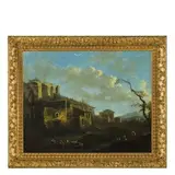 Jacob de Heusch, Paesaggio con case, rovine romane e figure, oil on canvas