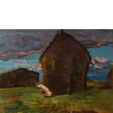Mario Puccini, Livorno, 1865 ; Firenze, 1920 / Pagliai al tramonto / Firmato 'M Puccini' in basso a sinistra
