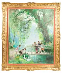 Children on a Bridge with Ducks by Jules Rene Herve, Oil on Linen, offered Jun 2023