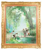 Jules Rene Herve, Children on a Bridge with Ducks