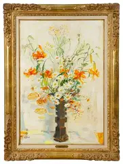 Lys Jaunes Marguerites by Le Pho, Oil on Silk Mounted to Masonite, offered Mar 2023