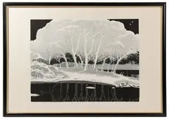 Snow Clad Trees by Lu Fang, Woodblock Print, offered Mar 2023