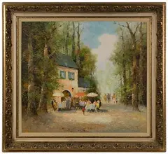 Willi Bauer, Outdoor Cafe, Oil on Canvas
