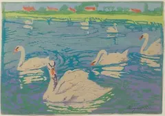 Swans by Margaret Jordan Patterson, Woodcut, offered Feb 2025