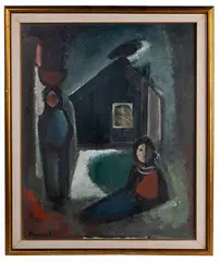 Two Figures Before Hut by Pranas Domšaitis, Oil on Masonite, offered Feb 2021
