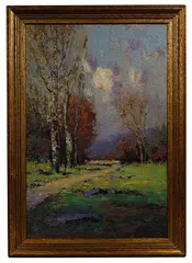 Birches Autumn by George Drew, Oil and Sand on Panel, offered Oct 2020