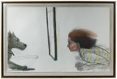 Girl Facing Dog I by Jody Mussoff, Pencil on Paper, offered Aug 2020