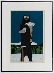Mountaineer with Cup and Bird by Azechi Umetaro, Woodblock Print, offered Dec 2019