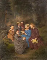 Julia Caroline Hamann, Girls Reading on a Picnic, Oil on Canvas