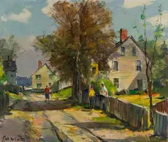 Rockport St. Neighbors Chatting by Carl W. Peters, Oil on Canvas, offered Aug 2025