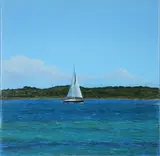 Lenka Rubenstein, Blue-Hulled Sailboat, Oil on Linen
