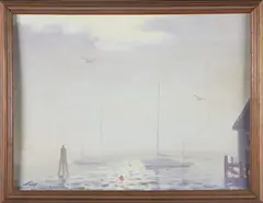 Gerald Taber, Foggy Nantucket Harbor, Oil On Board