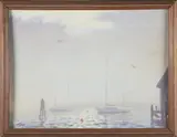 Gerald Taber, Foggy Nantucket Harbor, Oil On Board