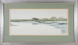 Marsh Scape with Boats and Seaside Homes by Geof Butts, Watercolor, offered Feb 2026