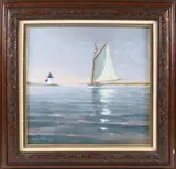 G.S Hill, Sunset And The Endeavour Rounding Brant Point, Oil On Panel