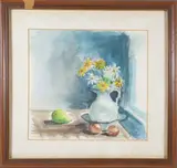 Daisies in a White Pitcher Still Life by G. Curcio, Watercolor on Paper, offered Feb 2026