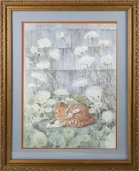 Barbara Van Winkelen, Tabby Cat Sleeping Amongst Queen Anne’s Lace, Watercolor On Paper