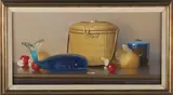 Robert Douglas Hunter, Still Life Nantucket Friendship Basket and Whale Carafe, Oil Artist Board